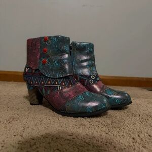 Colorful Floral Ankle Boots with Red Buttons